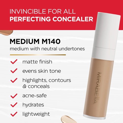 Mirabella Invincible Under Eye Concealer - Full Coverage Hydrating Formula for Dark Circles & Fine Lines - Medium M140
