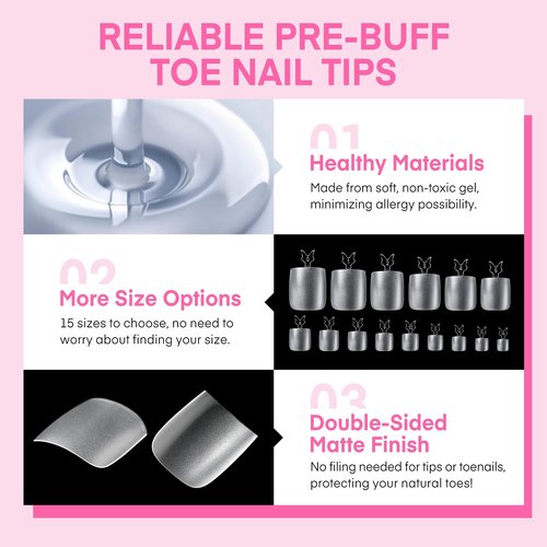 UNA GELLA Square Toe Nail Tips Big Long 312Pcs 15Sizes, Full Cover Soft Gel Toes Nail Tip Pre-etched Fake Acrylic Toe Nail Press Ons For Big Toes Nail Extensions Pedicure Home DIY Nails Salon Soak Off