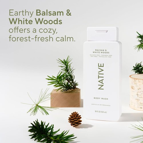 Native Body Wash - Naturally Derived Ingredients | Sulfate, Paraben & Dye Free | Balsam & White Woods, 18 oz