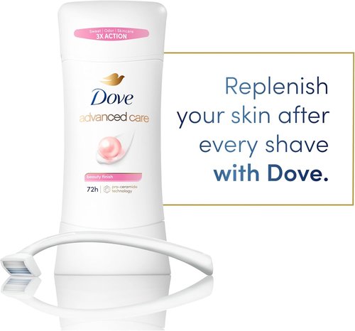 Dove Advanced Care Antiperspirant Deodorant Stick Beauty Finish for Helping Repair Skin Barrier After Shaving, with 72-Hour Sweat & Odor Protection, 2.6 oz