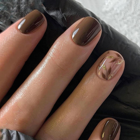 Skiennix Dark Brown Press-On Nails - Short Square Soft Gel with Gold Leaf & Glitter Accents | 30PCS Reusable Kit