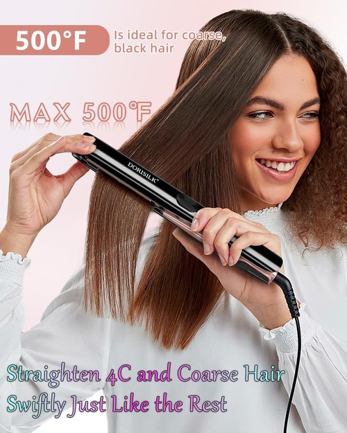 DORISILK 2-in-1 Hair Straightener & Curler - 500°F Fast Heating Ceramic Flat Iron | Dual Voltage Travel Friendly