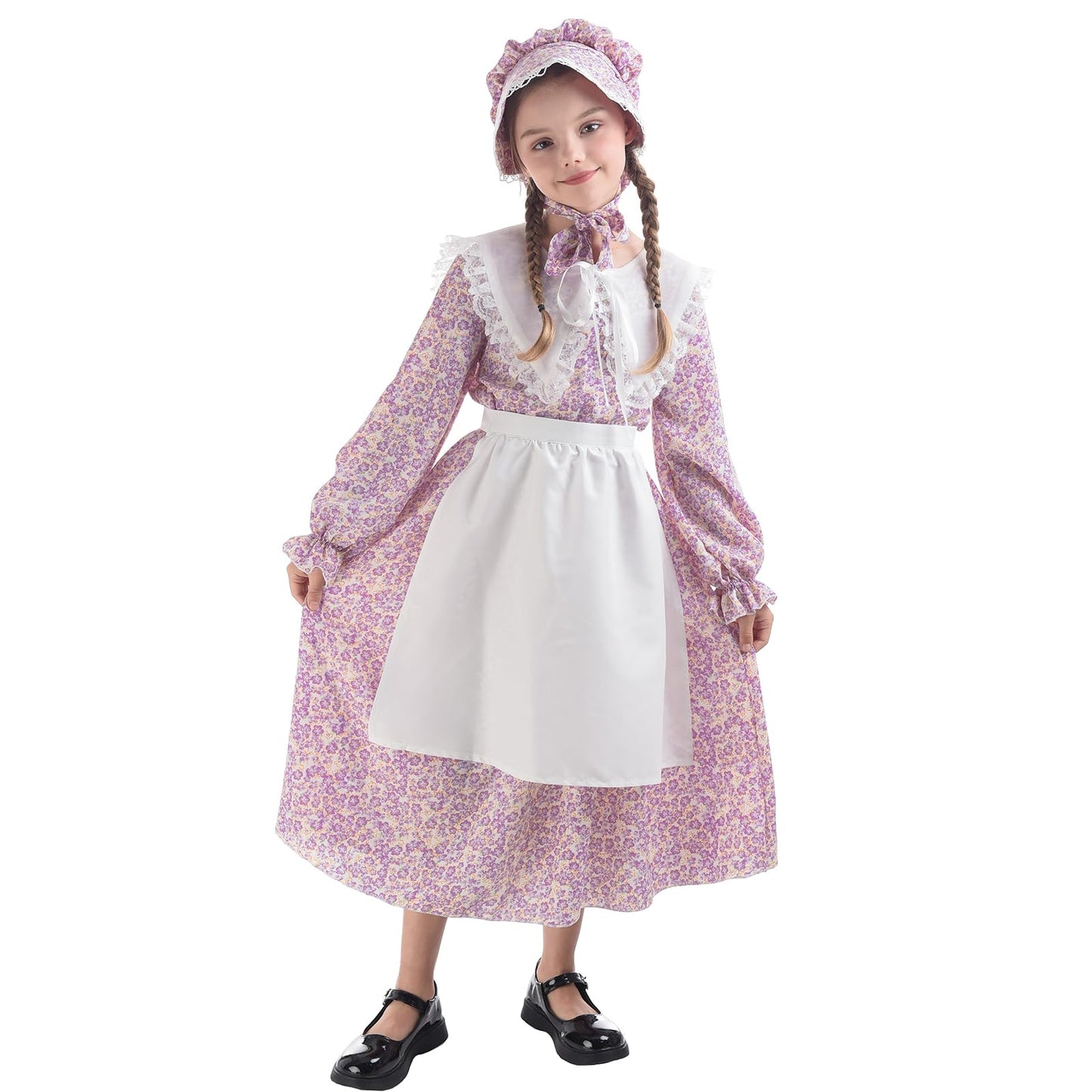 LTAKK Prairie Dresses for Girls Pioneer Colonial Costume Girl Pilgrim Dress with Shawl, Apron and Bonnet, Violet, Large