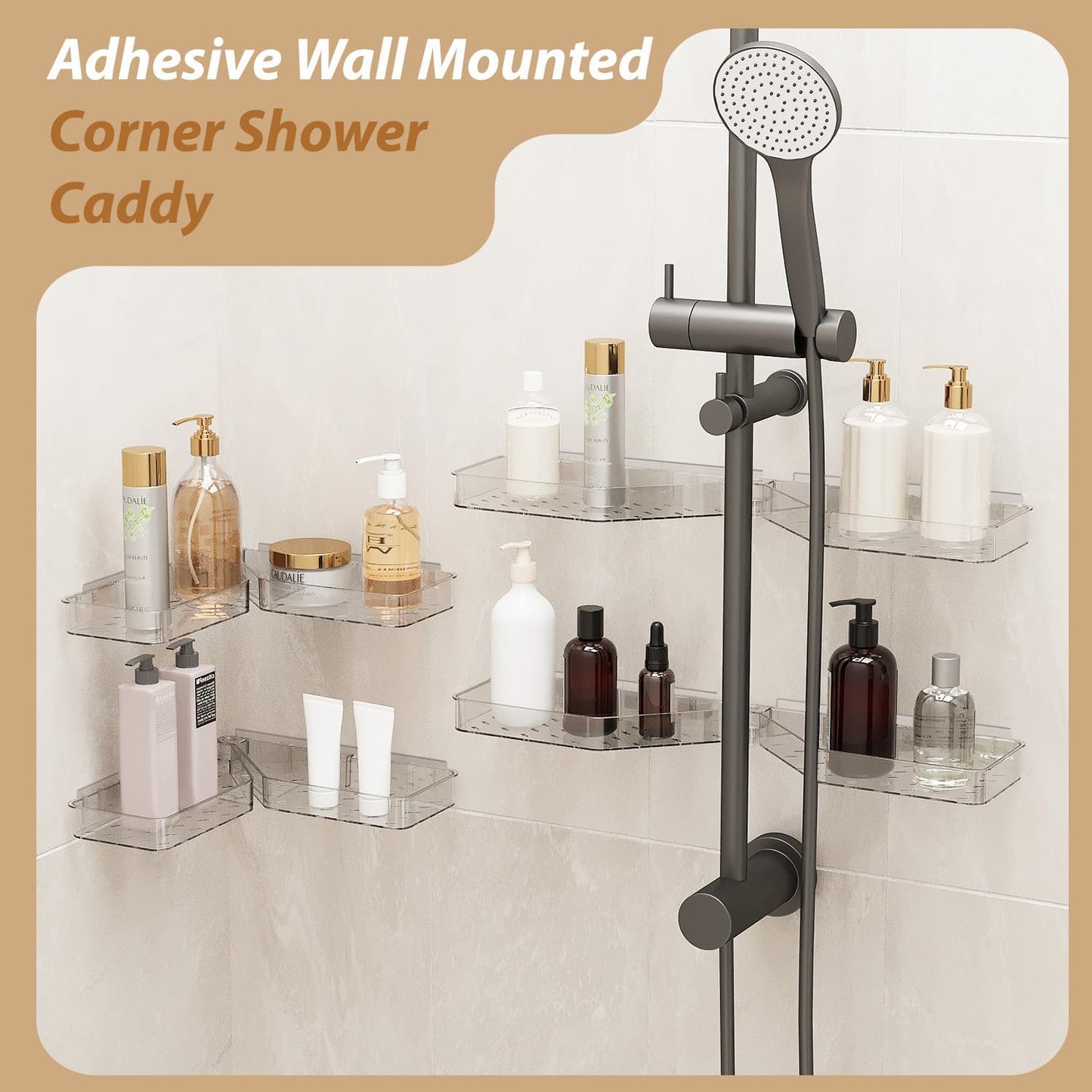 Skiennix Corner Shower Caddy - Wall Mounted Acrylic Shelf with Adhesive Tapes & Drainage Holes | Adjustable Angles, No Drilling