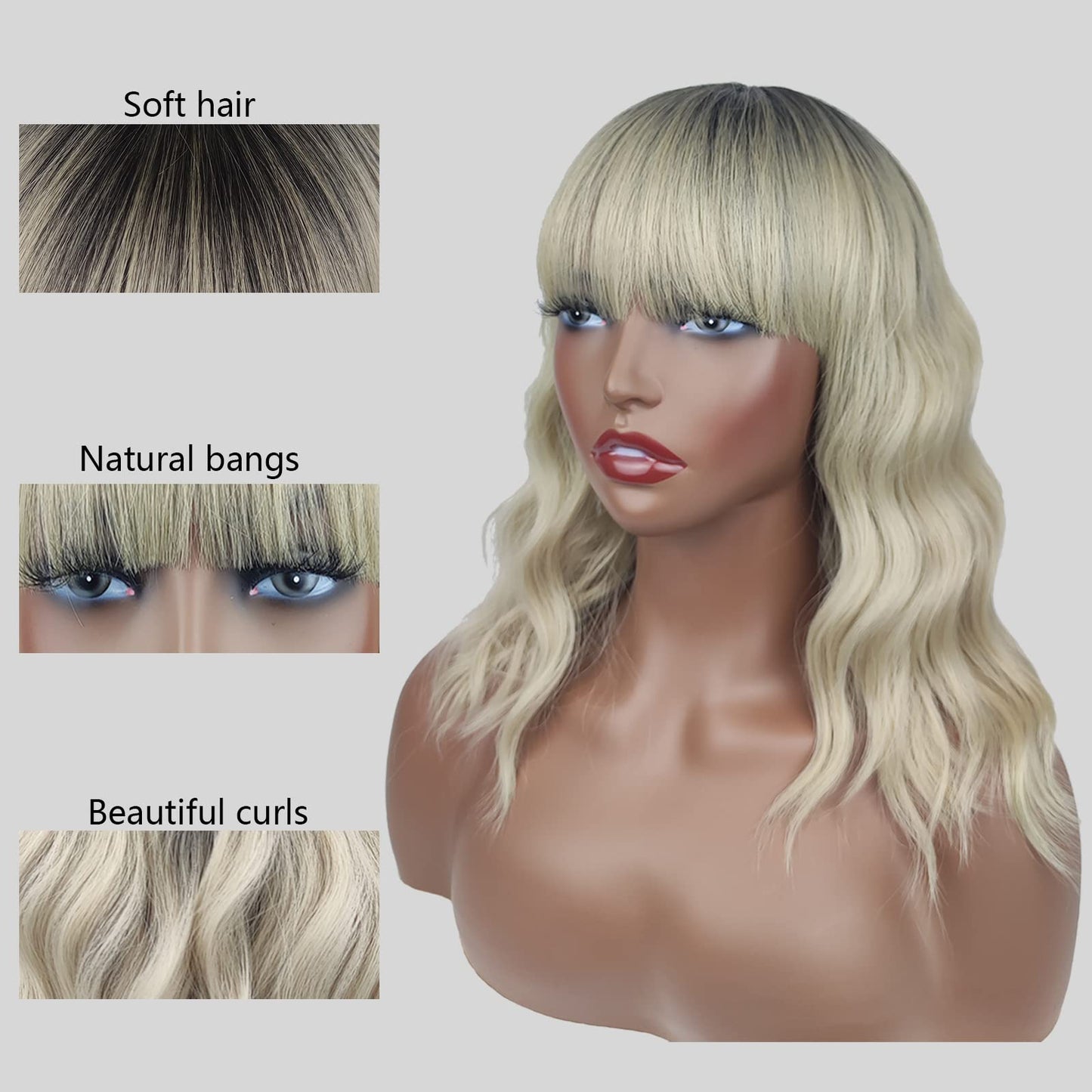 PLEASBELIE Ombre Blonde Natural Wavy Short Wig With Bangs Looking Black to Blonde Bob Full Hair Replacement Wig for Women Daily Shoulder Length Curly Synthetic Wigs