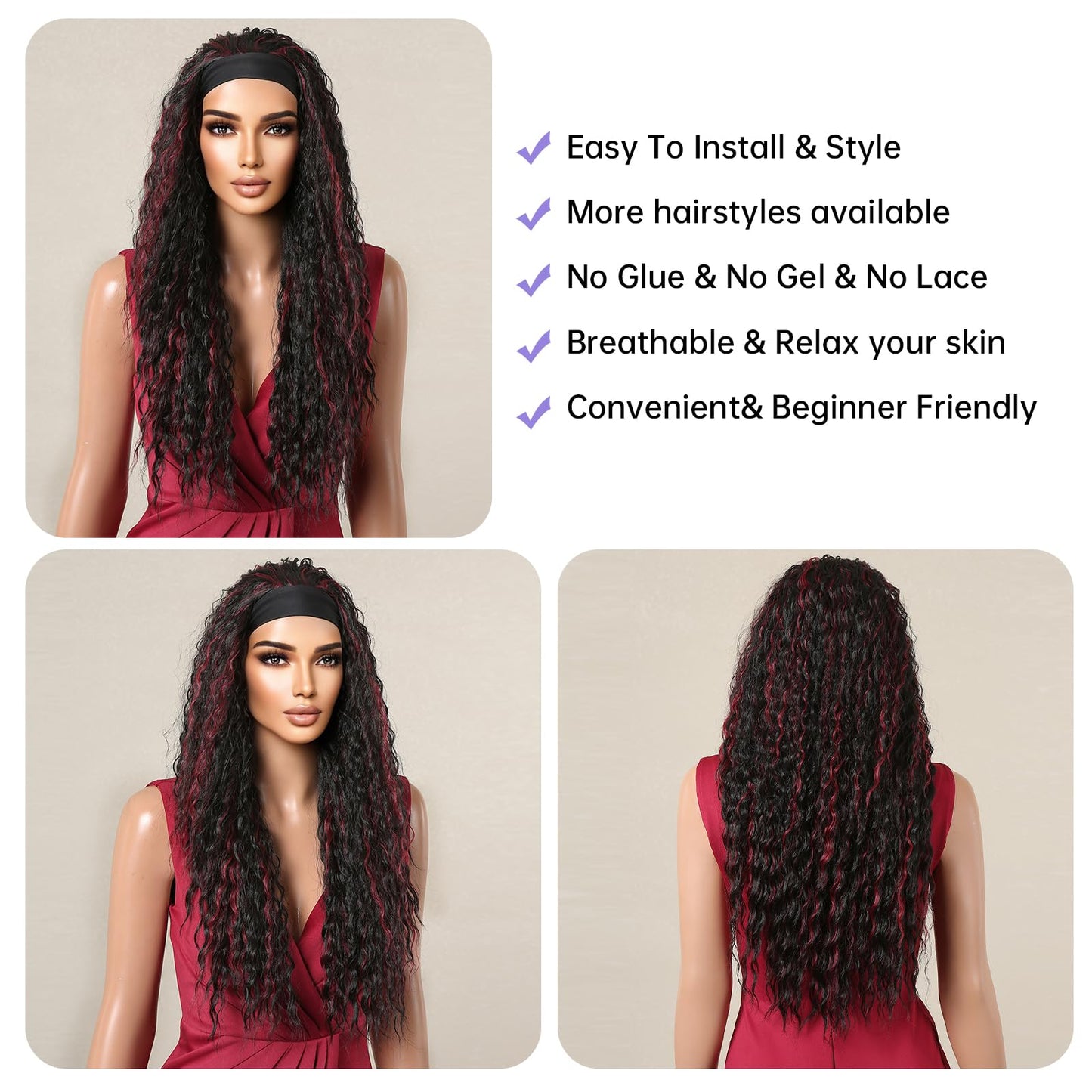 testar Headband Wig Deep Wave Black Curly Wigs for Black Women Long Black With Red Highlight Synthetic Wavy Wig Curly Hair Natural Looking 26 IN