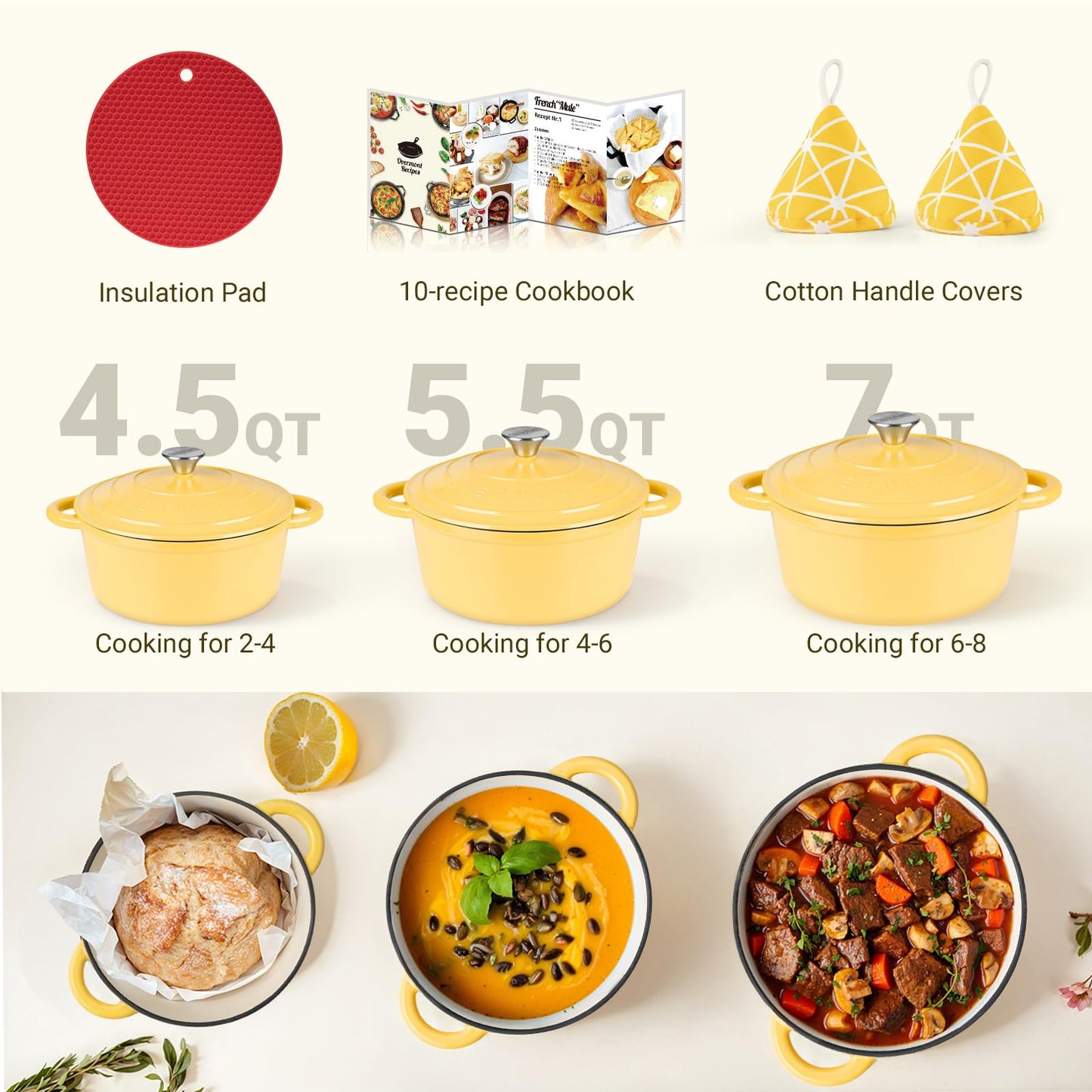 Overmont Enameled Cast Iron Dutch Oven - 4.5QT Pot with Lid Cookbook & Cotton Potholders - Heavy-Duty Cookware for Braising, Stews, Roasting, Bread Baking bottle green