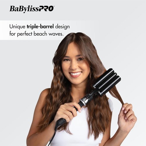 BabylissPRO Triple Barrel Waver - Porcelain Ceramic Styling Tool for Effortless Waves | Black