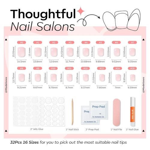Modelones Press-On Nails - Extra Short Semi-Transparent Squoval Design | 32 Pcs in Soft Pink, Reusable Kit with Glue & File