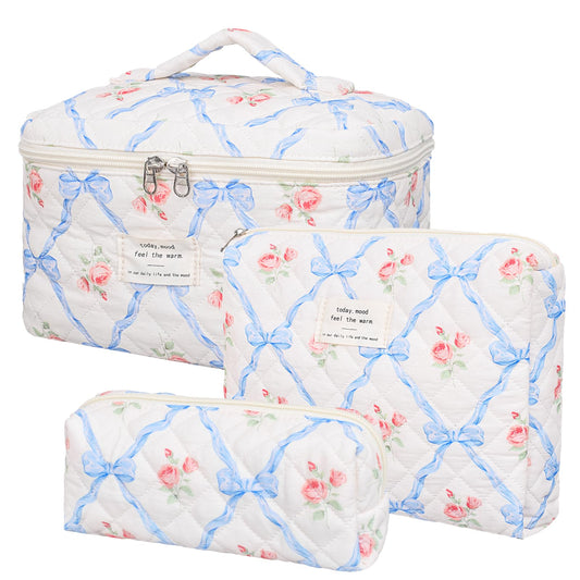 SXS LACONIC Large Makeup Bag,Quilted Makeup Bag Set,Cotton Coquette Aesthetic Floral Makeup Pouch for Women, Travel Cute Soften Cosmetics Bag Organizers for Girls