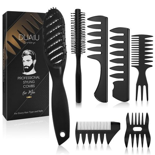 Hair Brush for Men, DUAIU 7Pcs Combs for Men, Hair Styling Comb Set with Vent Hair Brushes, Quiff Round Hair Brush, Wide Tooth Combs, Texture Comb for Blow Drying, Detangling, Grooming, Hairdressing