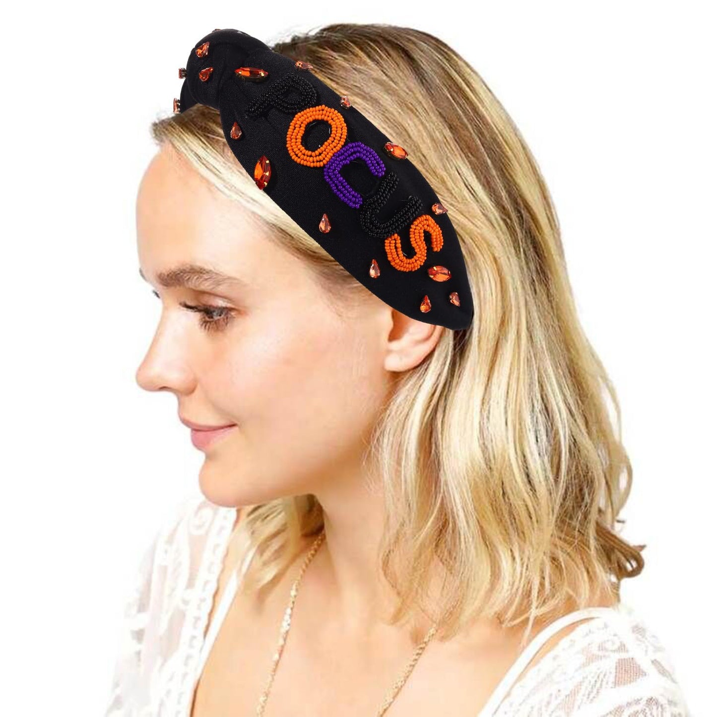 Halloween Headband Accessories for Women Crystal Pearl Knotted Headband Embellished Beaded Pumpkin Candy Corn Boo Headbands Rhinestone Jeweled Wide Top Knot Headband Costume Party Favors (HOCUS POCUS)