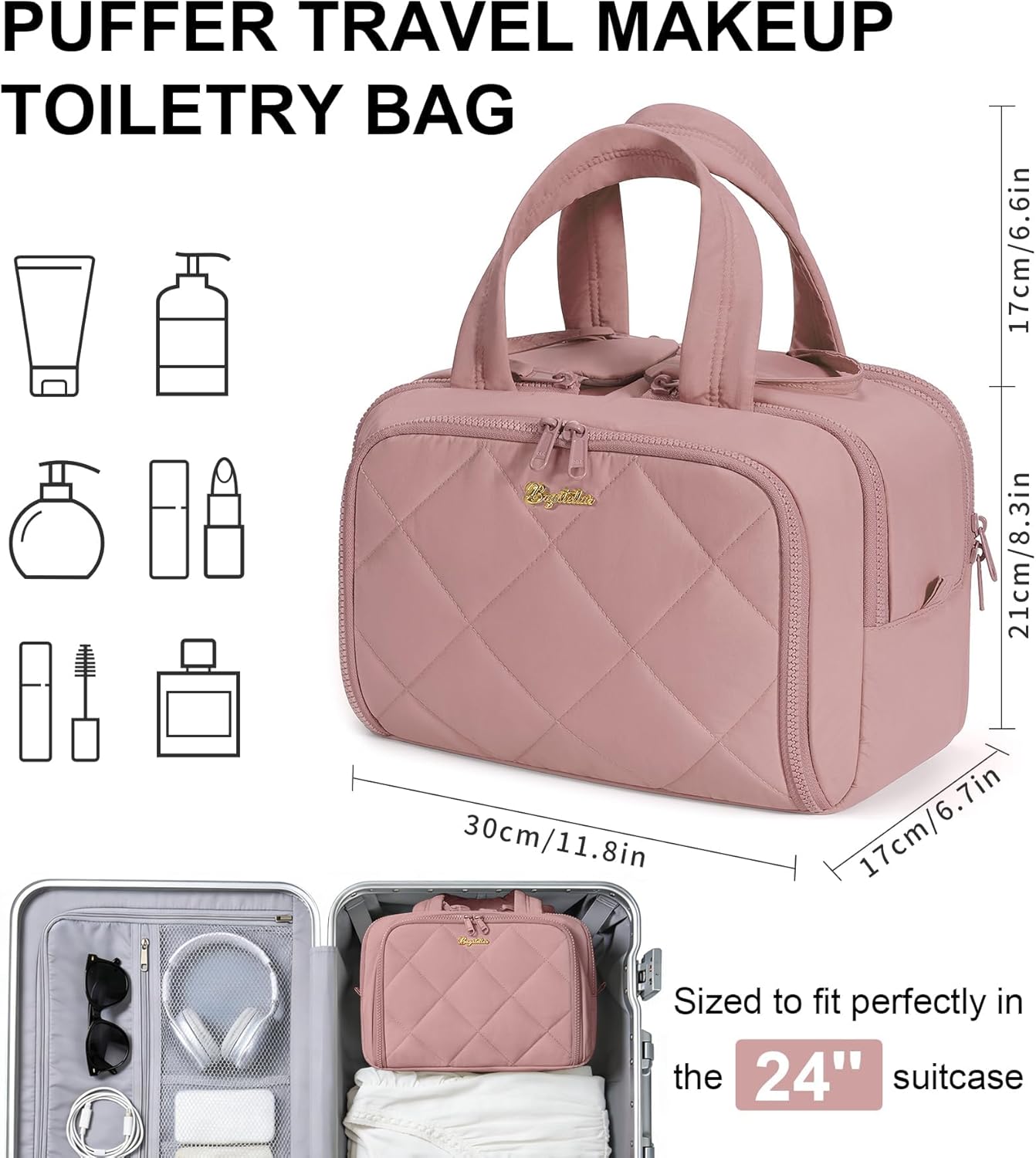 Skiennix Travel Toiletry Bag - Large Quilted Makeup Organizer | Water-Resistant & Lightweight - Dark Pink