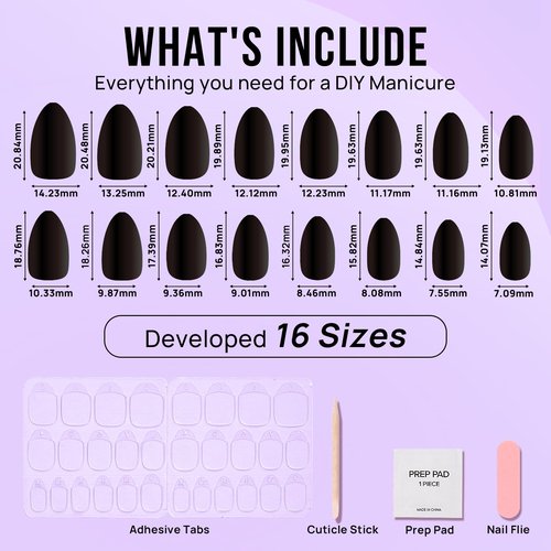 Black Press On Nails Almond - BTArtbox Short Press On Nails with Nail Glue, Fit Perfectly & Natural Reusable Stick On Nails in 16 Sizes - Soft Gel Glue On Nails Kit, Black Velvet