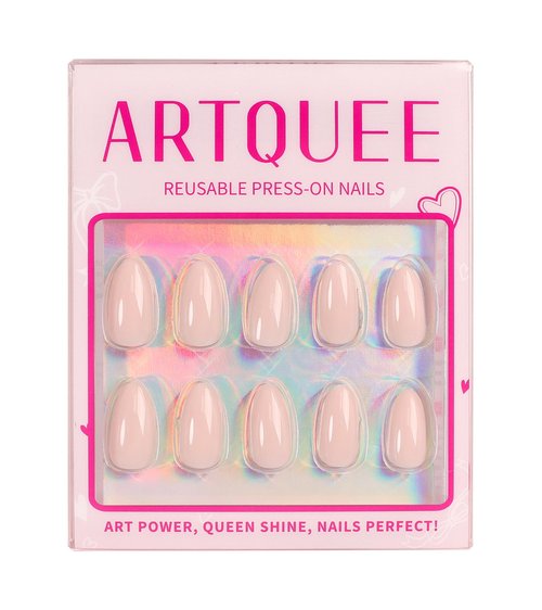 Artquee Press on Nails Short Soft Pink Almond False Tips Glossy Reusable Fake Stick on Nails Kit for Women - 30 Pcs 15 Sizes