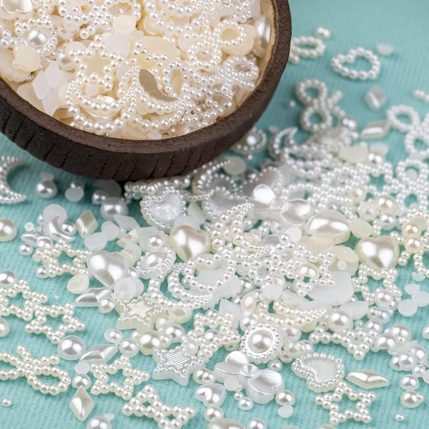 600Pcs 3D Multi Shapes Nail Charms and Flatback Pearls, Beige Mix Styles Heart Star Bow Sunflower Embellishments for Nail Art, Craft and Decoration with Glue Gel, Tweezer and Pickup Pencil