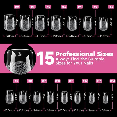 UNA GELLA Gel Nail Tips Square Short, 15 Sizes Short Square Press on Nails Pre Etched 300pcs Soft Gel Fake Nails Full Cover For Nail Extension Home DIY Salon for Flat & Curved Nail Beds