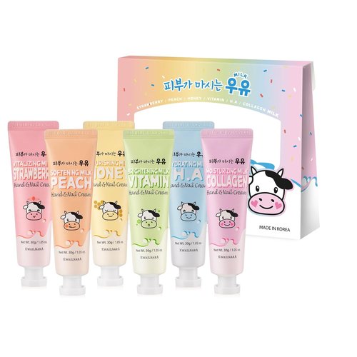 KWAILNARA Hand & Nail Cream Gift Set - Nourishing K-Beauty Variety Pack (Set of 6) | Strawberry, Peach, Honey, Vitamin, Hyaluronic & Collagen