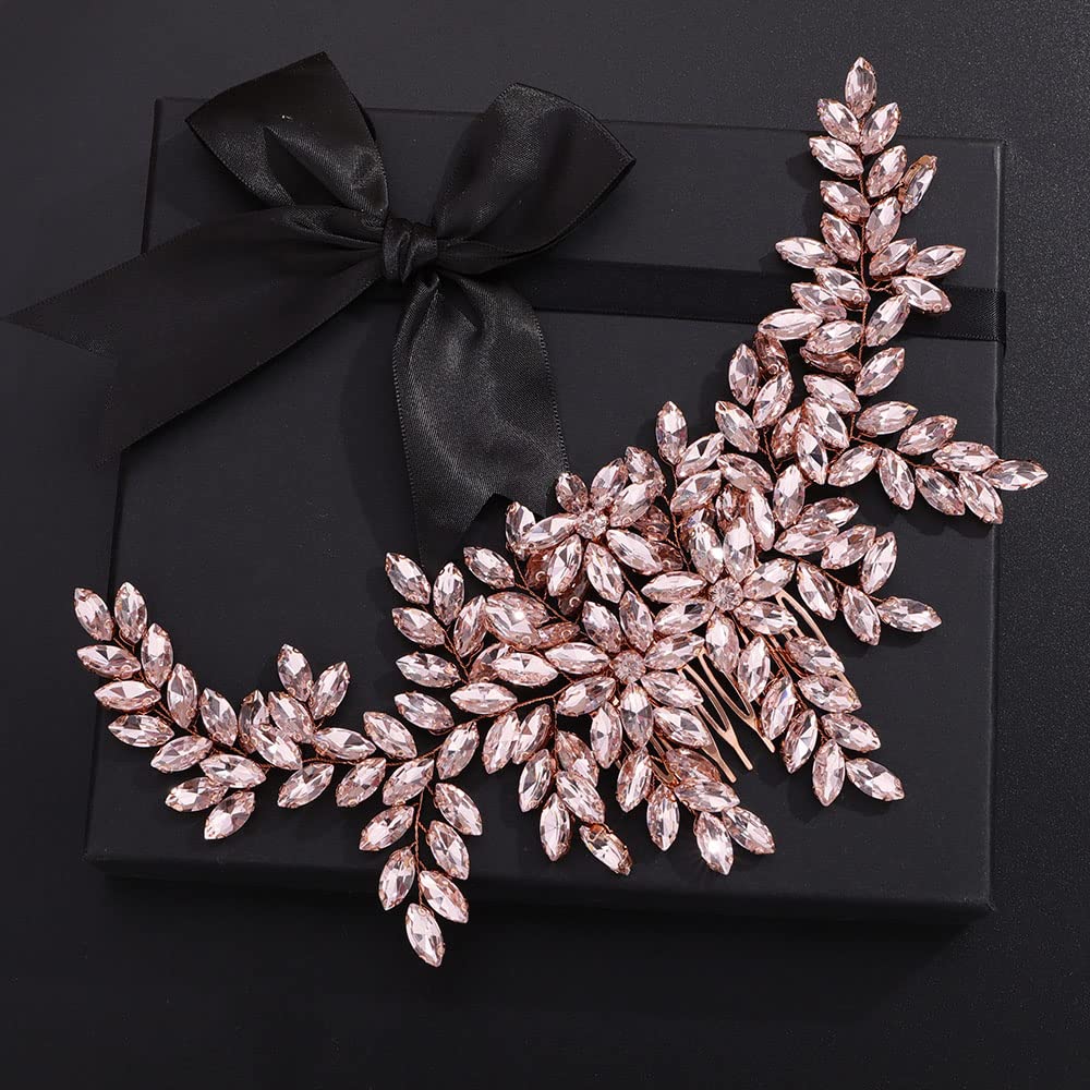 Teyglen Women Dainty Large Full Pink Rhinestones Flower Bride Wedding Hair Comb Headband Luxurious Hair Accessories Shiny Rhinestones Crystals Bridal Side Hair Combs for Women Bride Girls (Rose Gold-Pink Rhinestones)