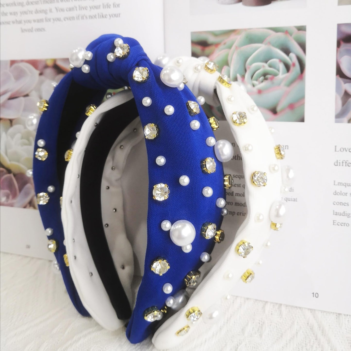 CAFUDEYE 2PCS Pearl Rhinestone Jeweled Knotted Headband Cross Knotted Hair Hoop Crystal Hairband Elegant Ladies Wide Top Knot Girls Fashion Hair Accessories(white+blue)