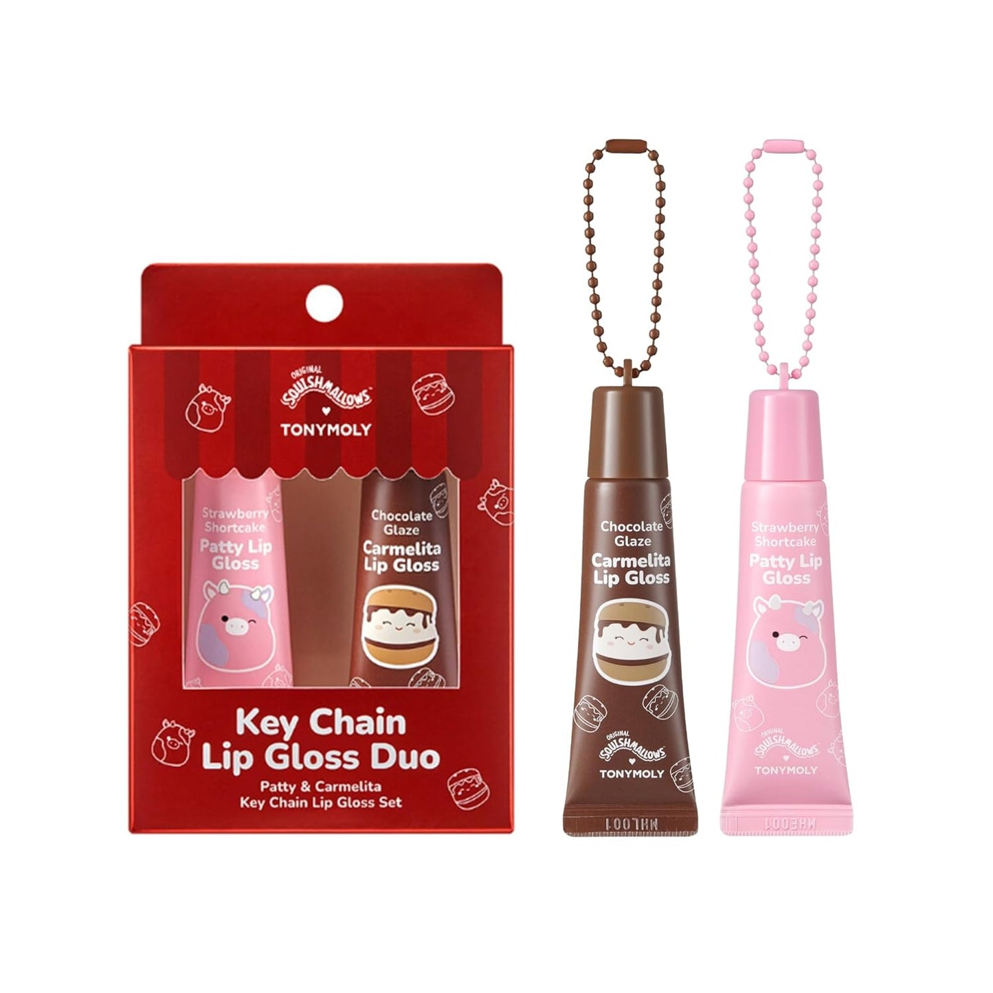 TONYMOLY x Squishmallows Lip Gloss Gift Set – 2pc Patty’s Strawberry Shortcake & Carmelita’s Chocolate Glaze Keychain Duo, Hydrating Gloss, Holiday Limited Edition