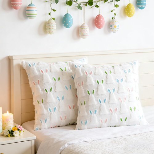 ALFEVA Bunny Throw Pillow Covers - Cute Plush Easter Decor | Set of 2, 18" x 18" for Living Room & Bedroom