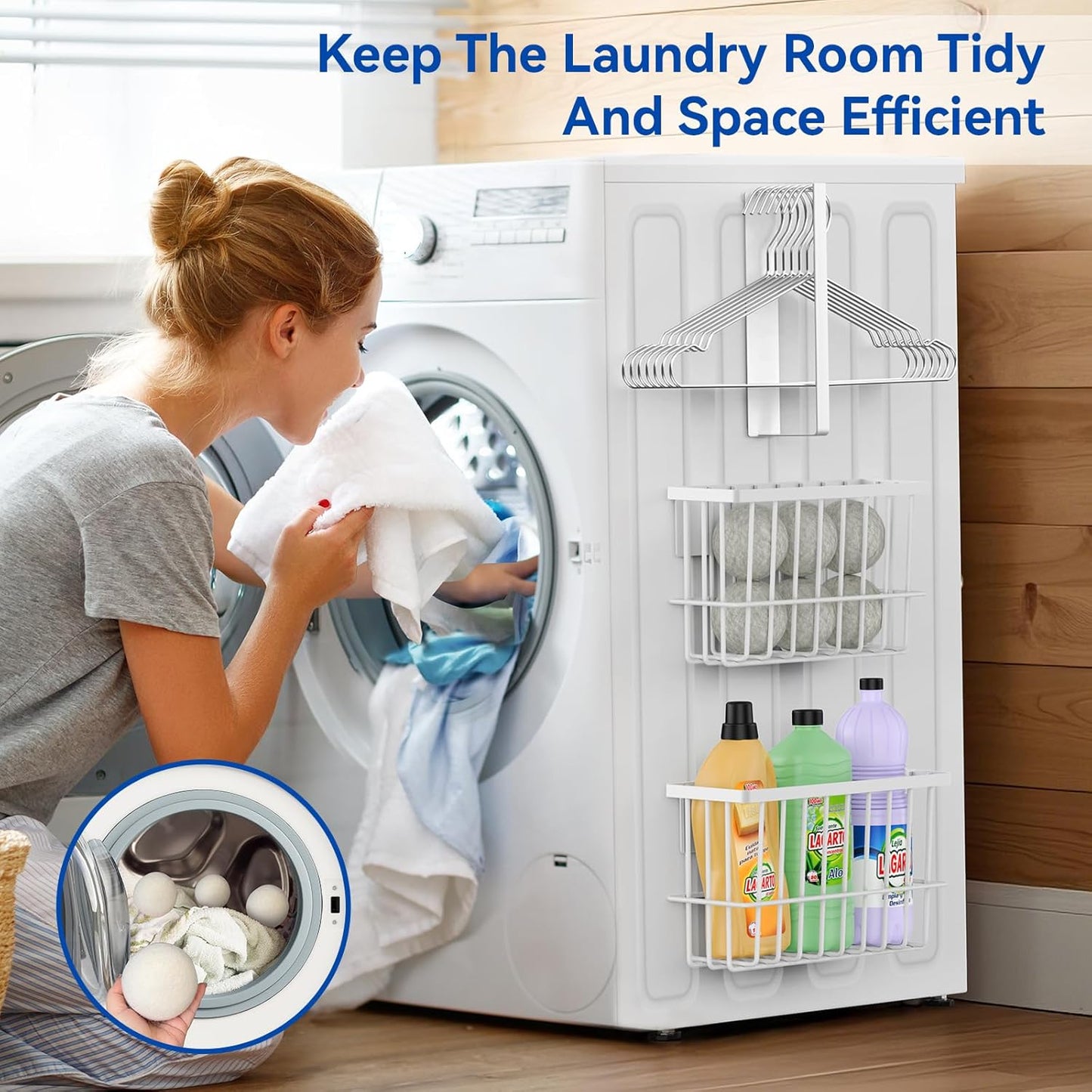 Skiennix Magnetic Dryer Ball Holder - Laundry Room Organizer with Lint Bin & Hanger | White