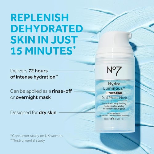 No7 HydraLuminous+ Hydrating Face Mask - Dual Phase Overnight Treatment with Hyaluronic Acid & Niacinamide (3.5 Fl Oz)