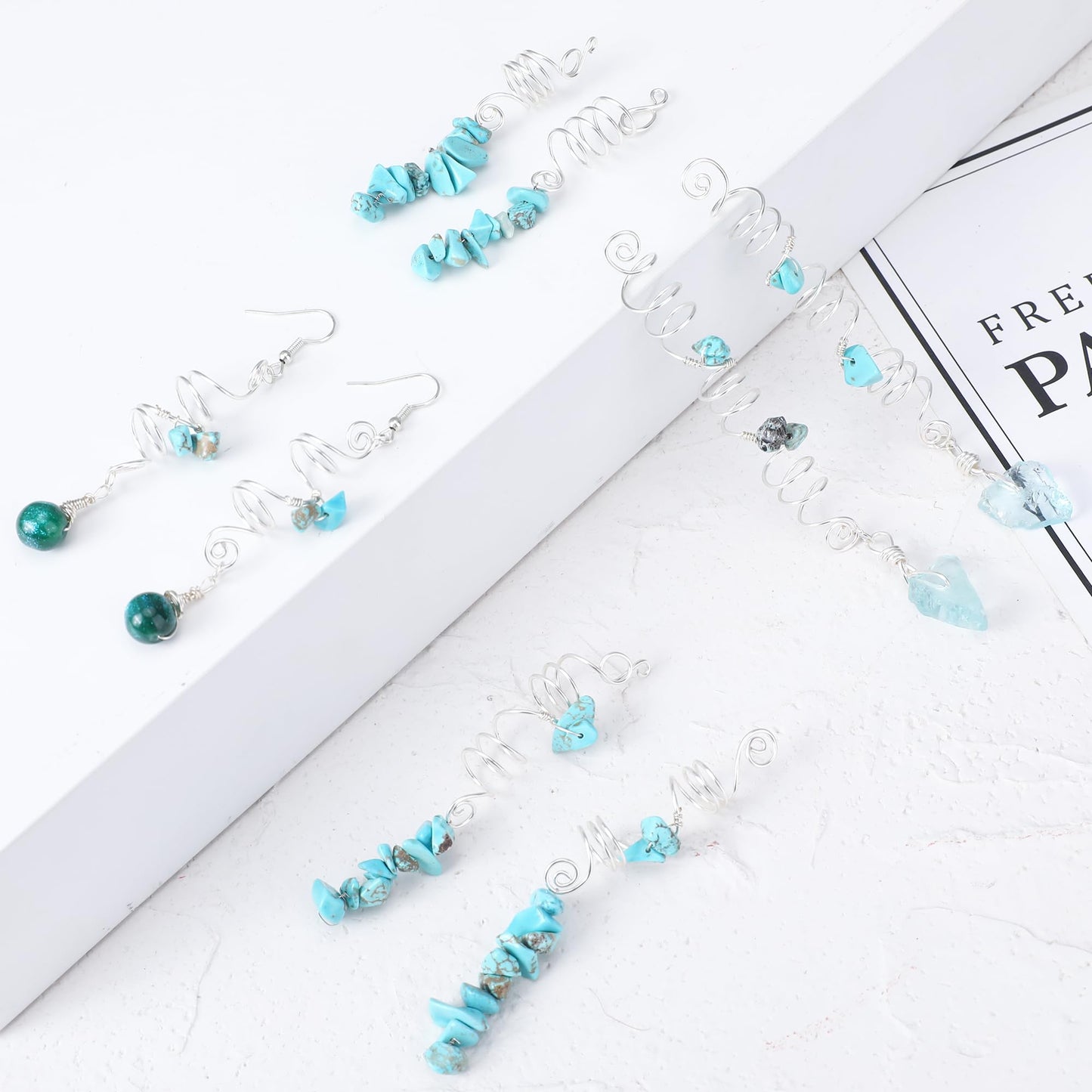 FRESHME Green Crystal Hair Jewelry for Braids Kit - 8 Pcs Green Natural Stone Hair Braid Accessories with Dark Green Bead Earrings Sets Silver Spirals Rings Dreadlock Decoration