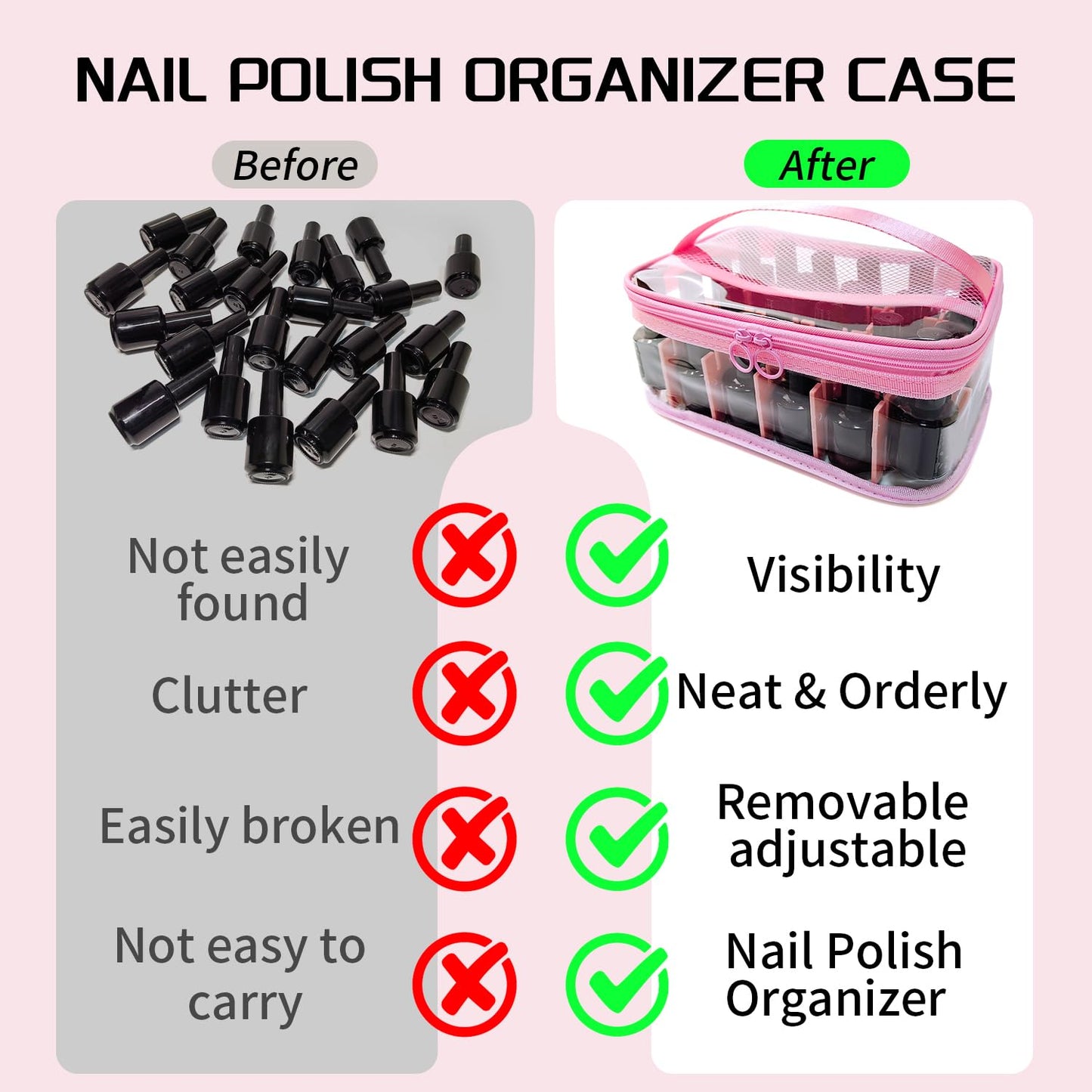 Clear Nail Polish Organizer, Nail Supplies Organizer, Holds 24 Bottles of Nail Polish PVC Nail Polish Organizer Case with Attached Nail Tool Organizer, Portable Travel Nail Technique Organizer (Pink)