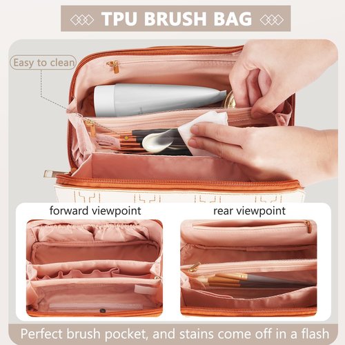 Cozomga PU Leather Travel Makeup Bag for Women, Large Capacity Cosmetic Organizer, Structured Waterproof Travel Toiletry Bag, Portable Handheld Makeup Pouch for Home & Travel (Medium)