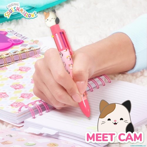 Original Squishmallows Multicolor Pen, Novelty Pen With 6 Inks and Cam the Cat Topper, Cool School Supplies, Cute Pens and Stationery, Gifts for Girls, Back to School Stuff