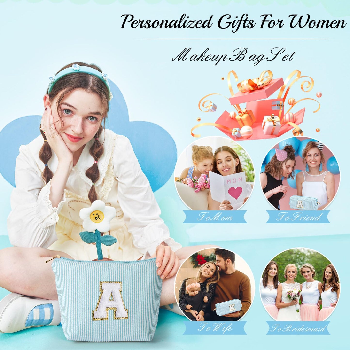 YOOLIFE Gifts for Women Her, Makeup Bag Make Up Bag Pouch Cosmetics Organizer Bag Cute Makeup Bag Skincare Bag Personalized Best Friend Wife Birthday Gift Graduate Gifts for Her V