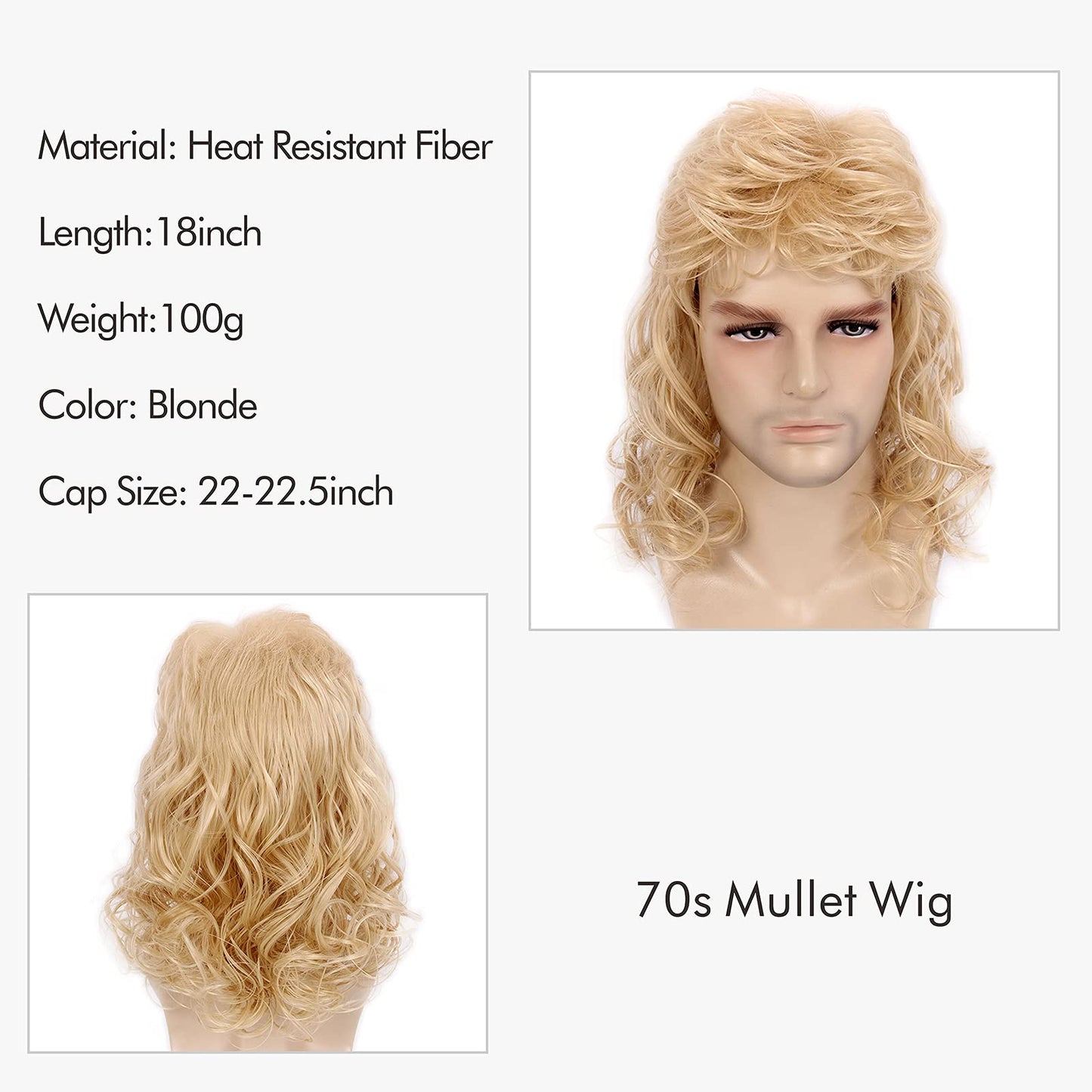 MEDISIFA Blonde Mullet 70s Wig with Bangs Disco Party Mens Wig Long Curly Men Wigs for Man Male Hippie Rocking 80s Them Party Cosplay Costume Anime Heat Resistant Synthetic Hair Wig 70's Wig