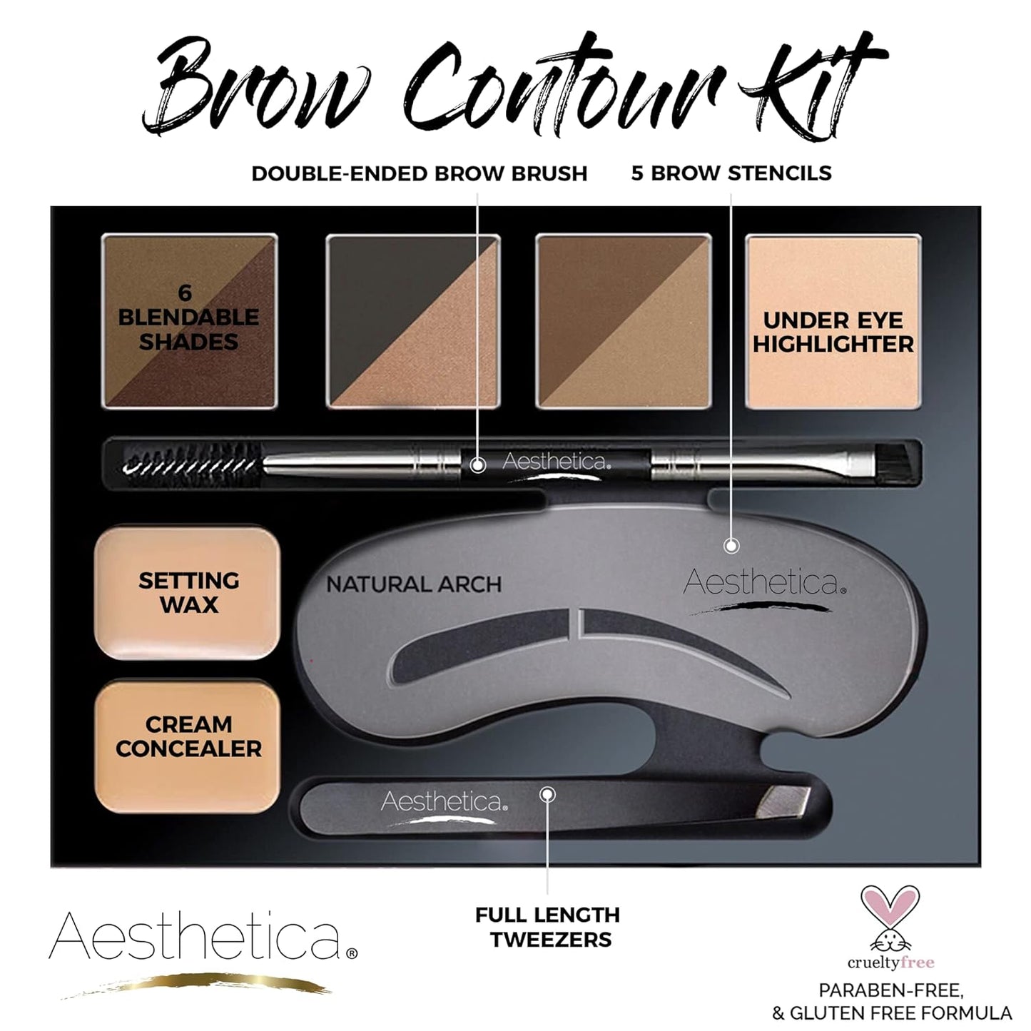 Aesthetica Brow Contour Kit - 16-Piece Eyebrow Makeup Palette with Powders, Stencils & Tools | Perfect Gift for Her
