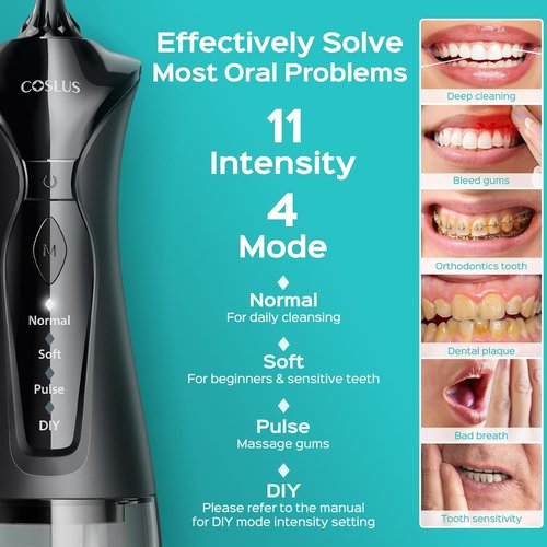 COSLUS Water Flosser - 2-Pack C30 Dental Pick Set with 3 Modes & 8 DIY Levels for Sensitive Gums | Black & Green