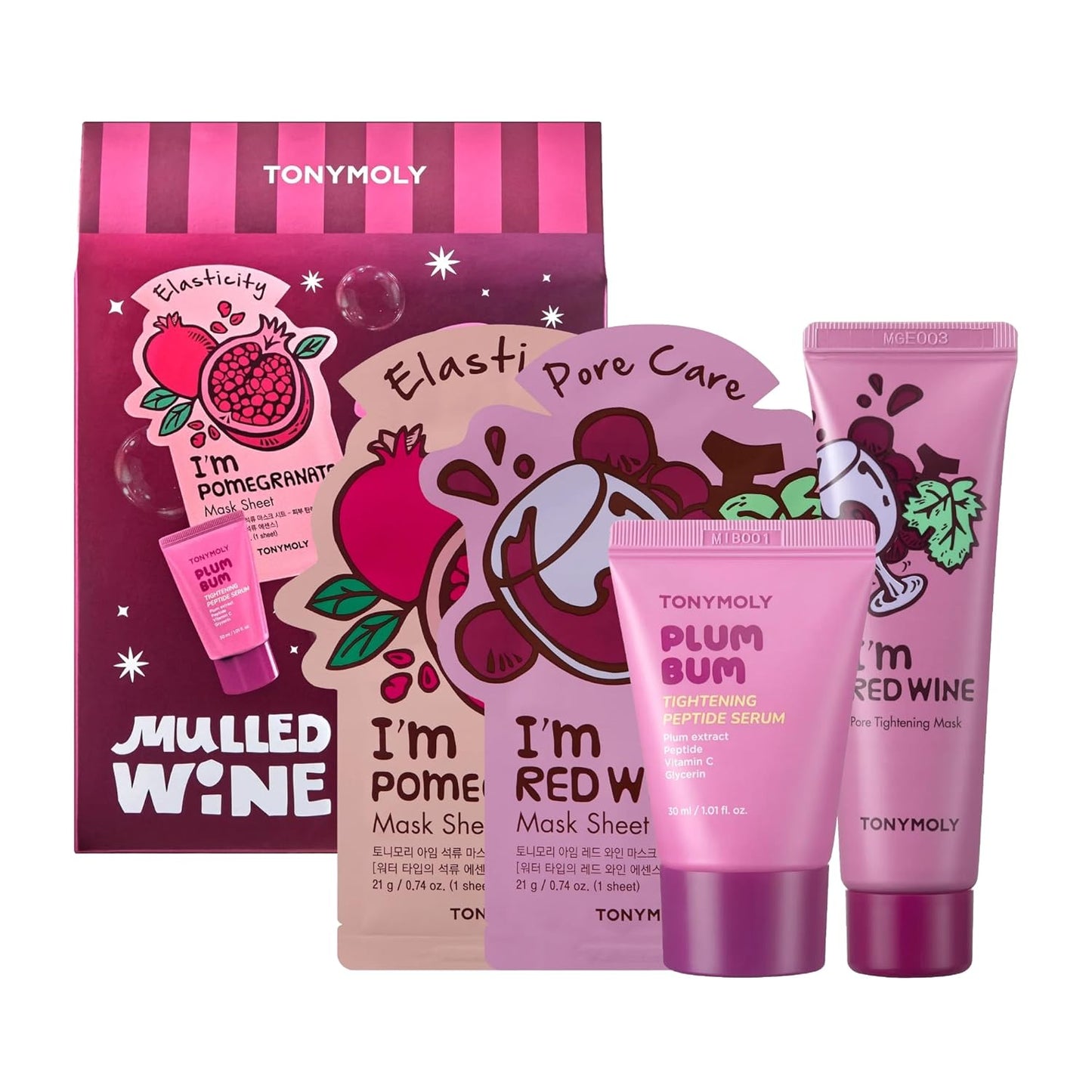 TONYMOLY Mulled Wine Mask & Body Serum Set - Hydrating 4-Piece Holiday Skincare Gift for Secret Santa & White Elephant