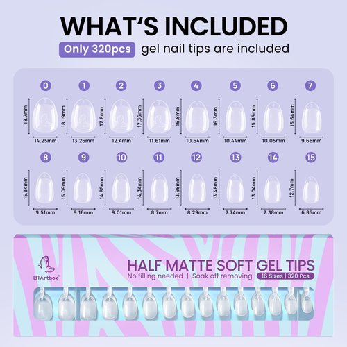 BTArtbox Extra Short Almond Nail Tips - 320pcs Half Matte Soft Gel Tips, Acrylic Pre-Shaped Fake Nails, Clear Ultra Fit & Natural False Nails for Nail Art, 16 Sizes
