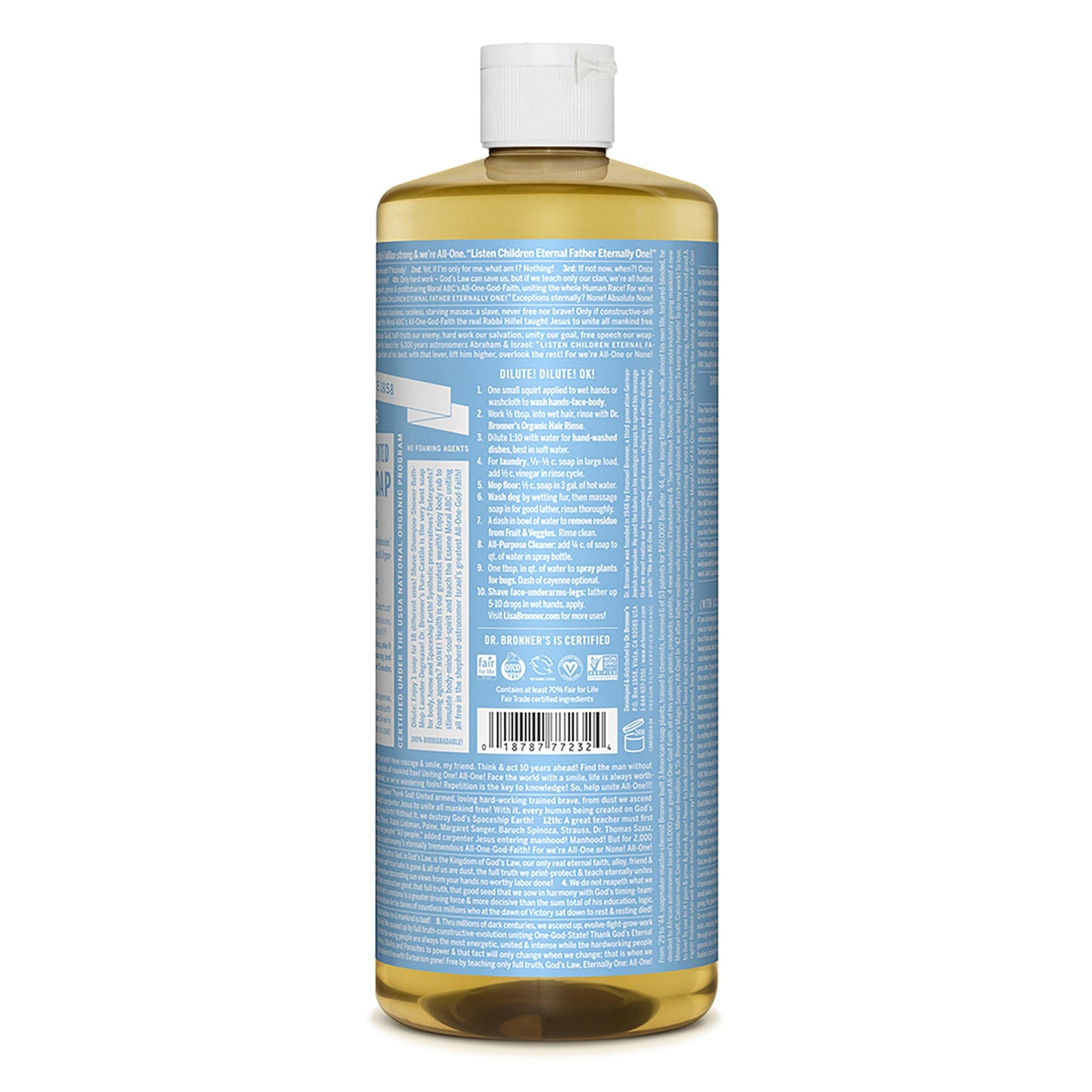 Dr. Bronner's - Pure-Castile Liquid Soap (Baby Unscented, 32 ounce, 2-Pack) - Made with Organic Oils, 18-in-1 Uses: Face, Hair, Laundry and Dishes, For Sensitive Skin and Babies, No Added Fragrance