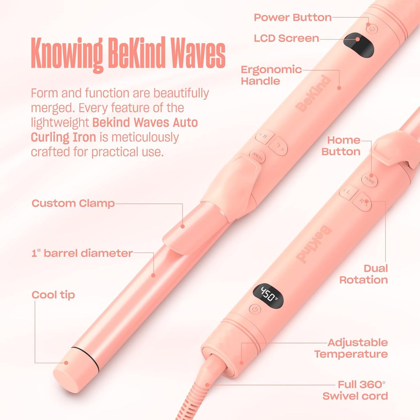 BeKind Waves Automatic Rotating Curling Iron - 1 Inch Tourmaline Ceramic Wand for Beach Waves | Fast Heat-Up, Dual Voltage (Peach)