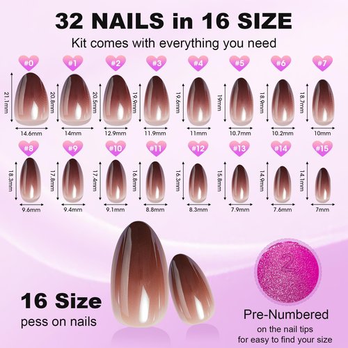 Fall Press On Nails Short - S.T. Friends Ombre Nails Press Ons Almond, Reusable Nail Tips in 16 Sizes - 32 Soft Gel Fake Nails Kit,Glittering Chocolate
