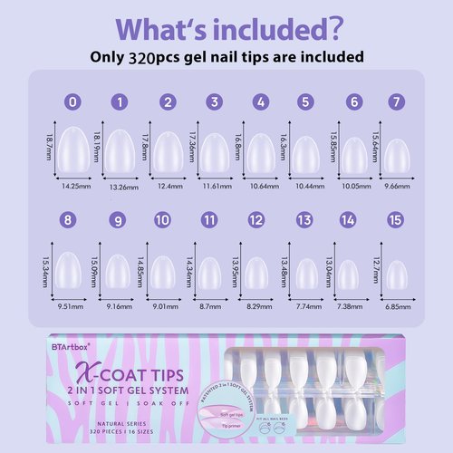 Extra Short Almond Nail Tips - BTArtbox Clear Gel Nail Tips Natural with Tip Primer Cover, Pre-shaped Full Matte Oval Gel Press On Nails Clear Soft Fake Nails for Daily Nail Art