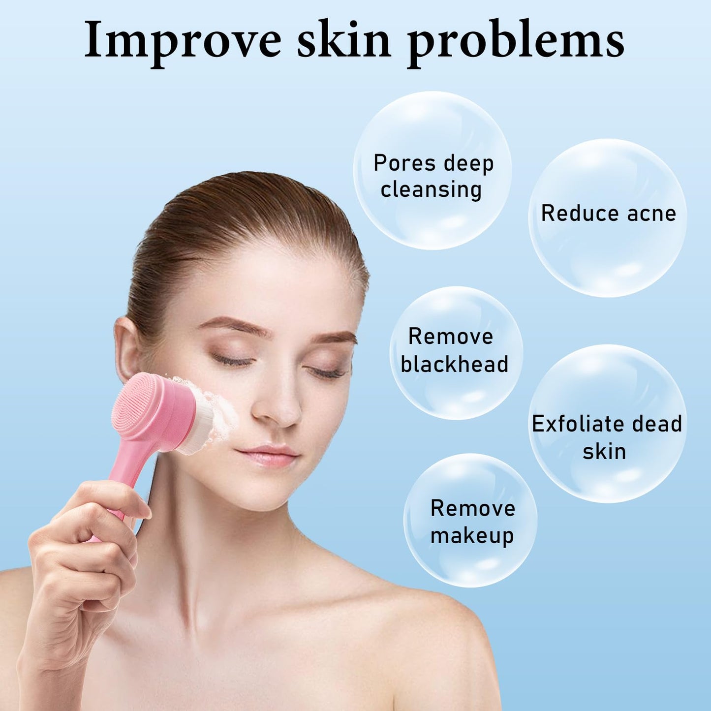 Beomeen Facial Cleansing Brush 2 in 1, Silicone Face Scrubber Dual Face Brush for Deep Pore Cleansing and Exfoliating, Skincare Headband and Wristbands Set for Washing Face, Massaging Spa Makeup, Pink