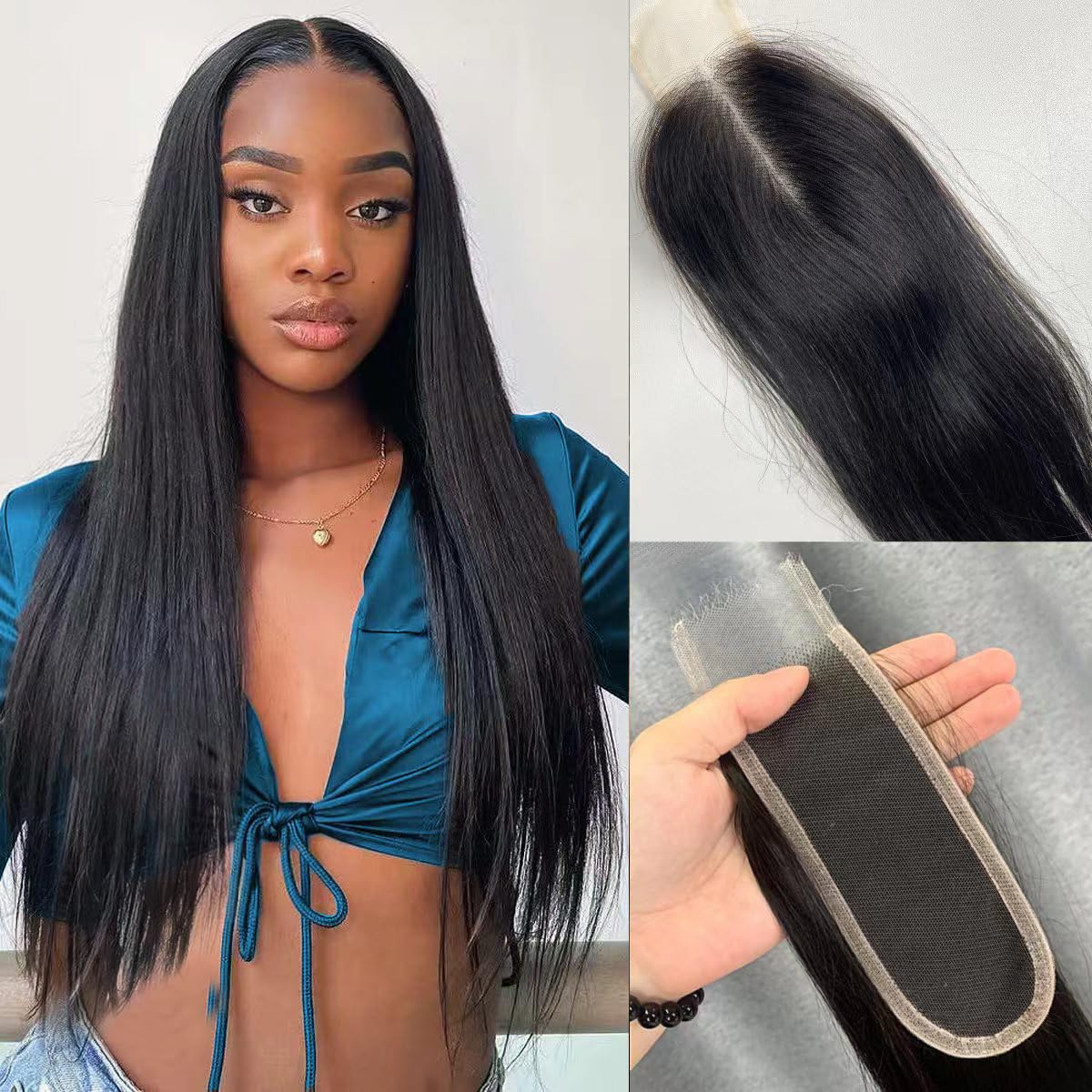 myshow 2x6 Lace Closure Straight Virgin Human Hair 100% Hand Tied HD Transparent Lace Closure Long Deep Parting Human Hair Closure Natural Black Color Kim K Middle Part Closure 16 Inch