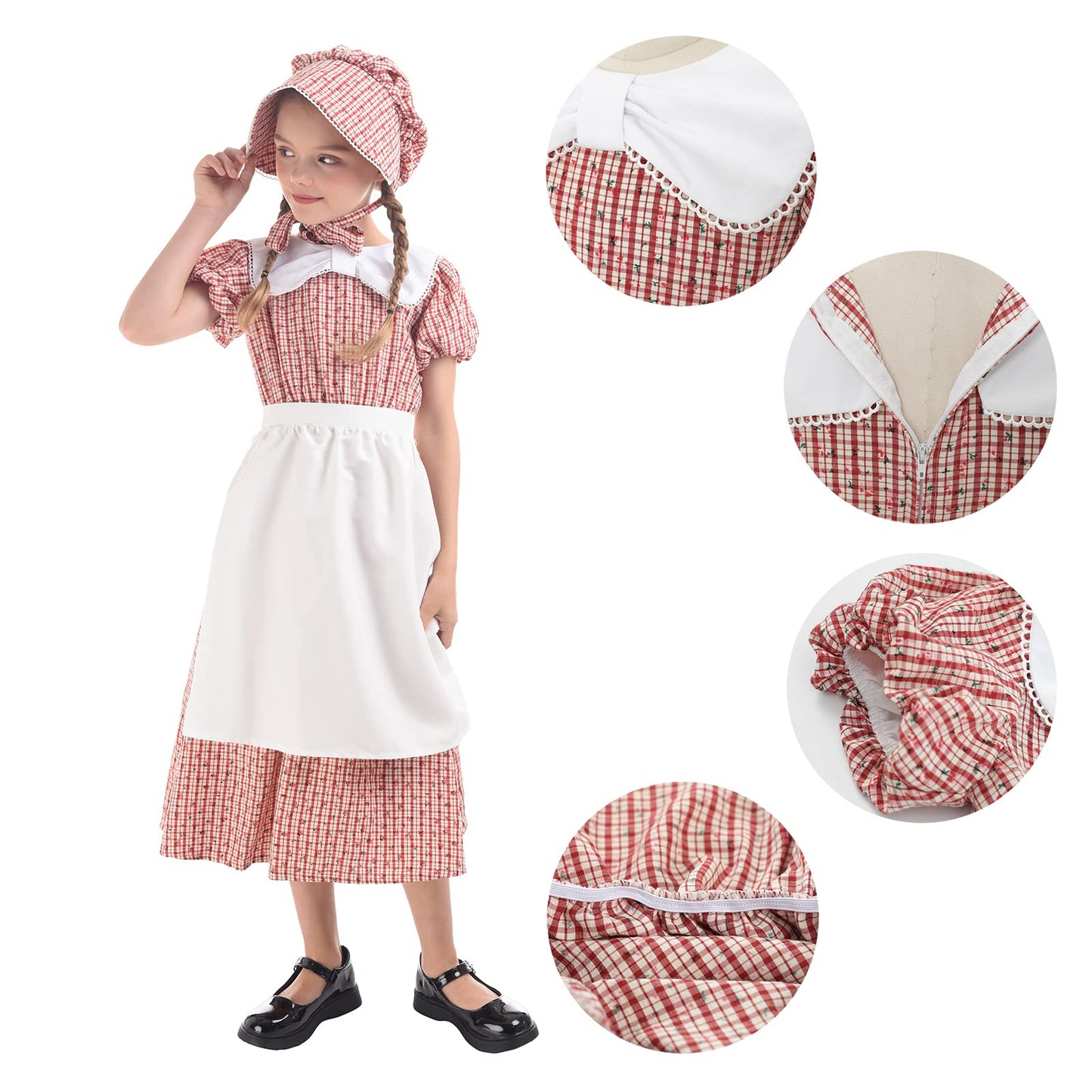 LTAKK Prairie Dresses Girls Pioneer Colonial Costume Girl Pilgrim Dress with Apron and Bonnet, Red Plaid Floral, XXL