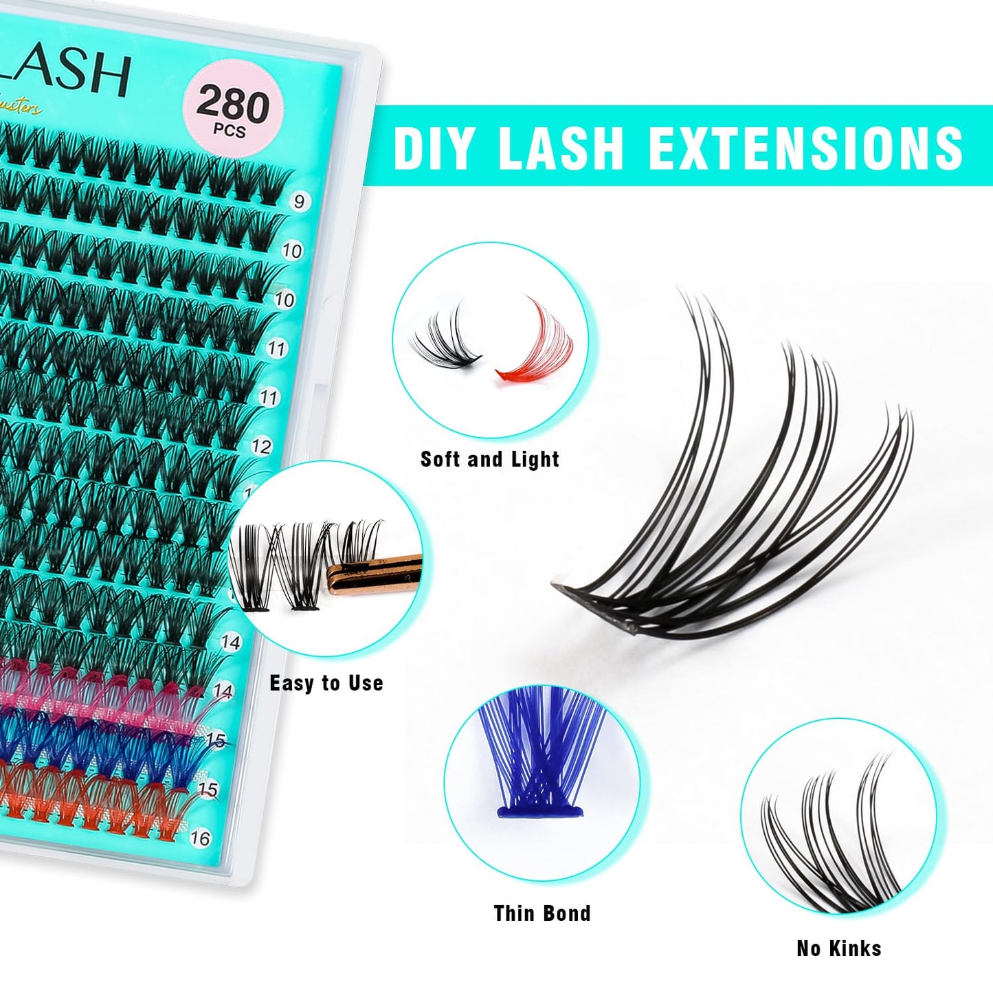 VAVALASH DIY Lash Extensions 280 PCS 30D Colored Individual Cluster Lashes D Curl Lash Clusters Faux Mink Slik Wispy False Lashes Easy Full Lash Extension DIY at Home (30D-0.07-D-9-16Mix Color)