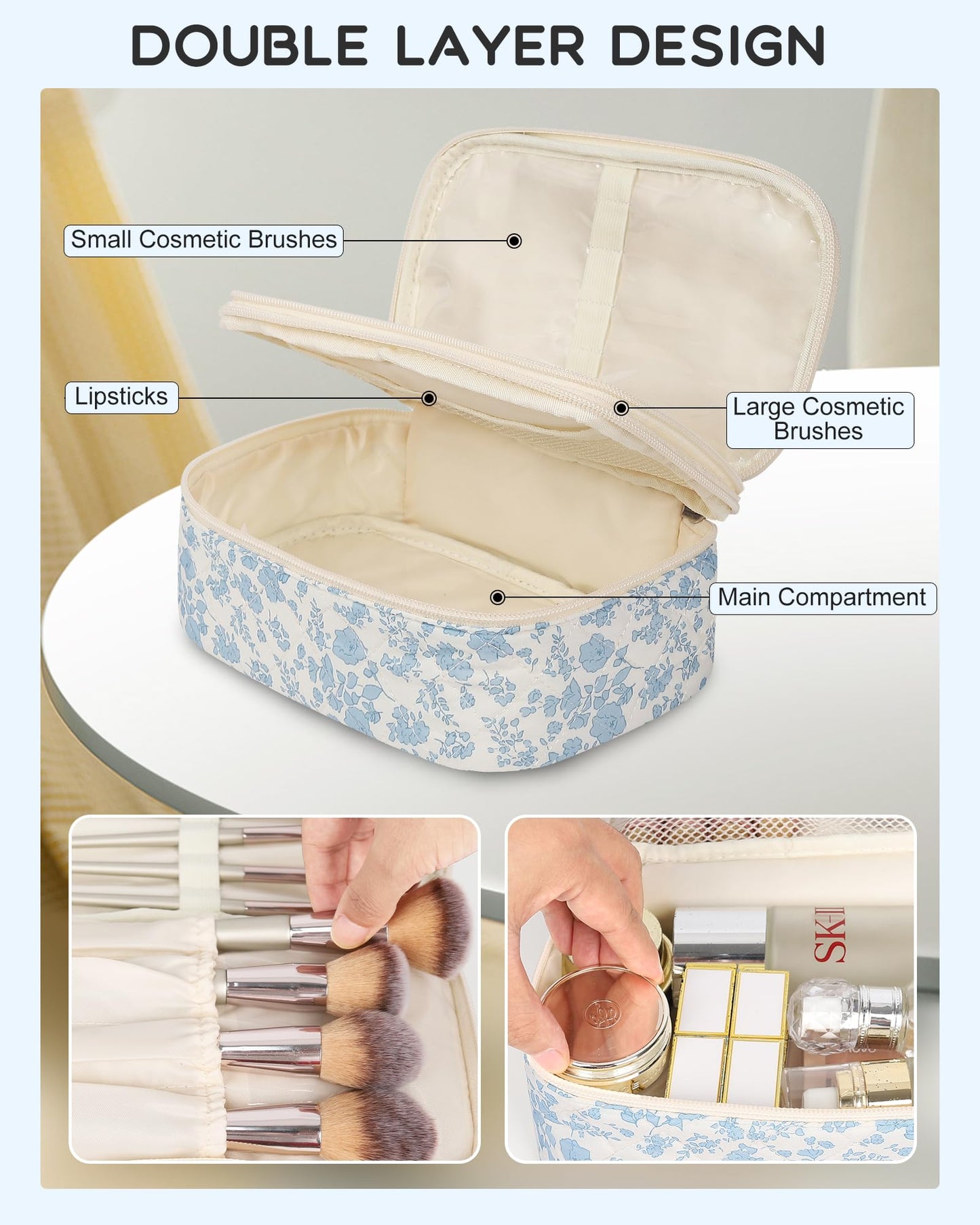 Relavel Travel Makeup Bag, Small Floral Cosmetic Bag with Makeup Brush Compartment, Portable Makeup Pouch for Women, Double Layer Makeup Organizer Bag Cute Toiletry Bag
