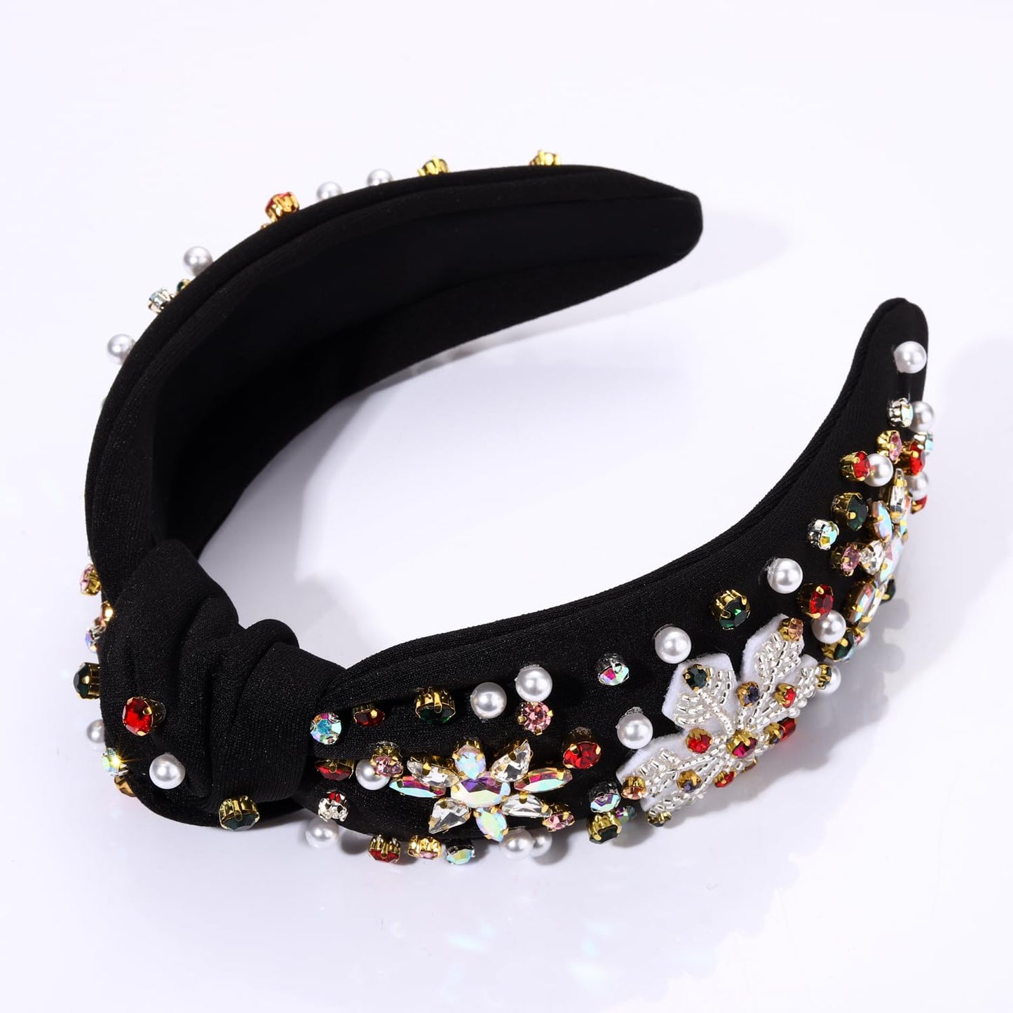 Christmas Holiday Headbands Accessories for Women Beaded Christmas Tree Headband Festive Xmas Knotted Headband Red Green Rhinestone Crystal Wide Top Knot Headband Holiday Gifts (Snowflake 2 - Black)