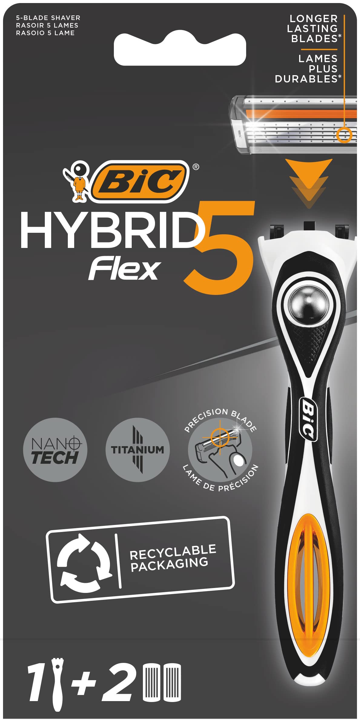 BIC Hybrid 5 Flex Refillable Men's Razor Kit, Handle and Nano-Tech Titanium 5-Blade Refills - Box of 1+2