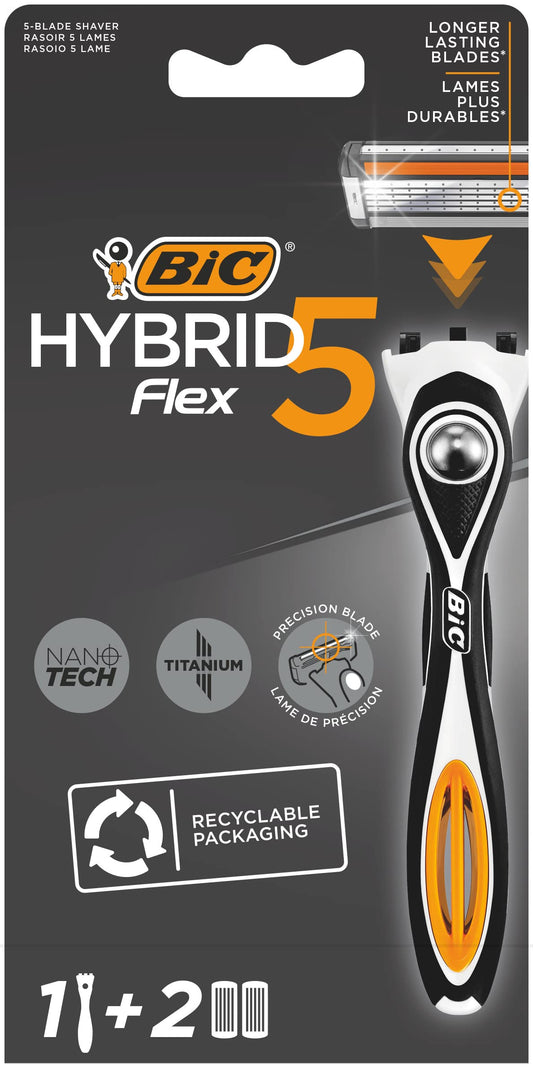 BIC Hybrid 5 Flex Refillable Men's Razor Kit, Handle and Nano-Tech Titanium 5-Blade Refills - Box of 1+2